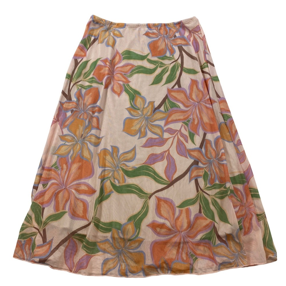 See You Monday Womens Tropical Floral Mesh Midi Skirt Peach Orange Small SP12041
